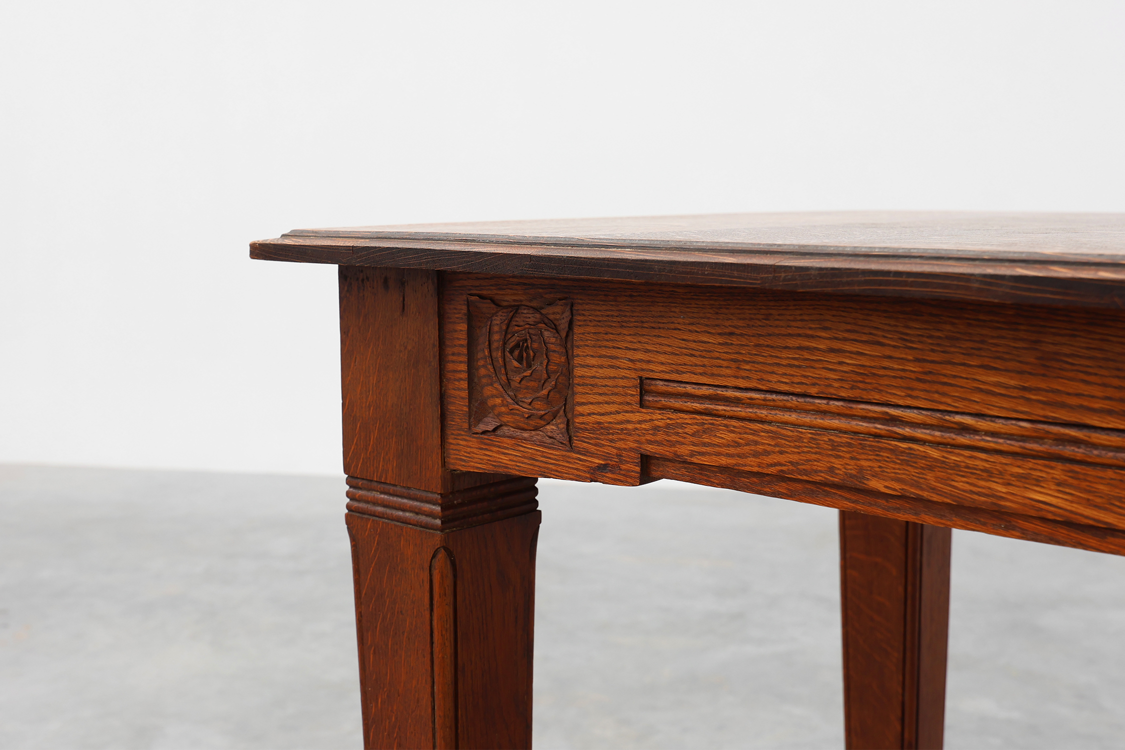 Oak Art Deco dining table with carved frieze, France 1920sthumbnail